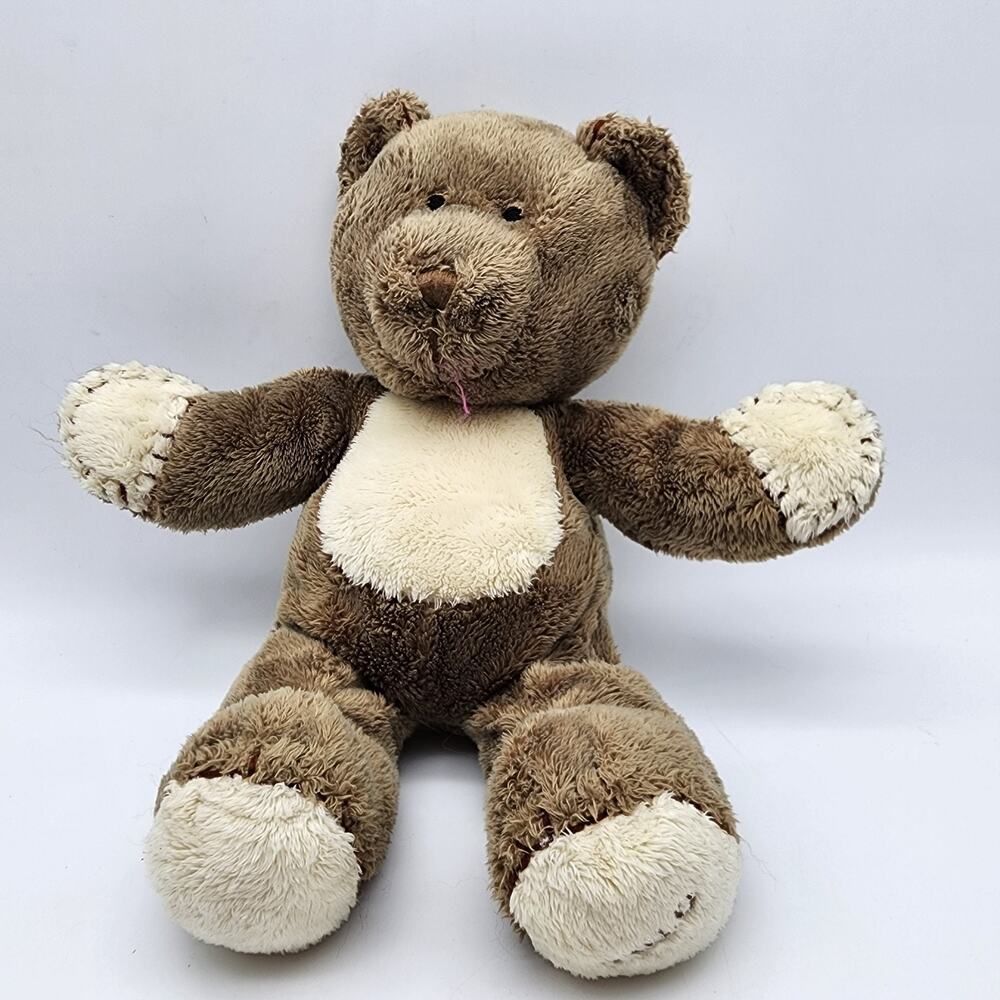 Tolo Teddy Bear Rattle Plush Stuffed Animal 12" Sewn Eyes Brown Stitching Beanie